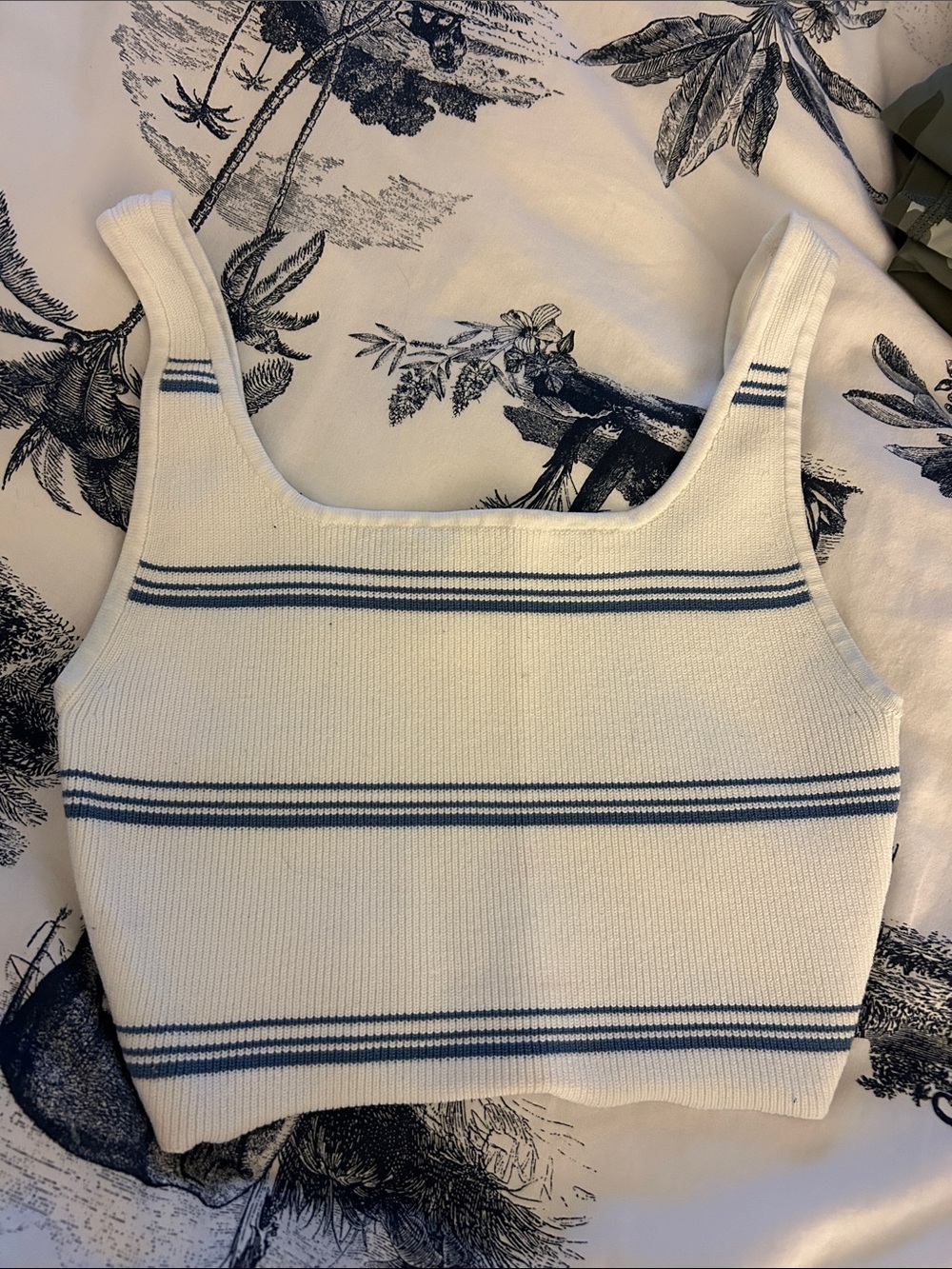 Babaton White Ribbed Crop Top with Blue Stripes